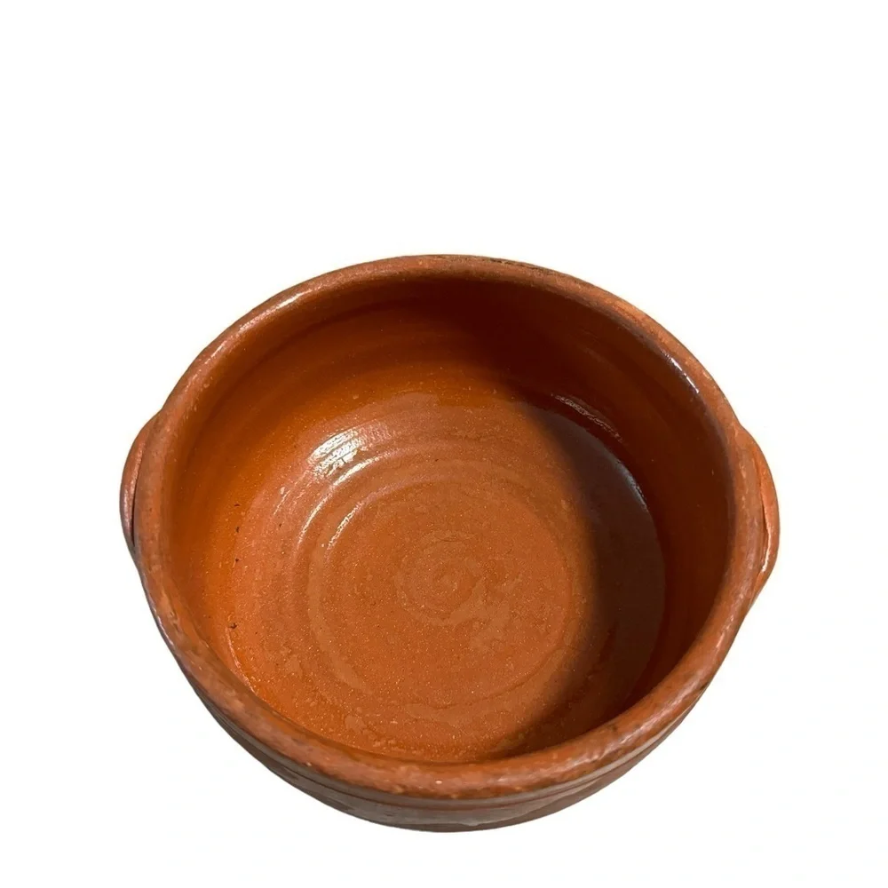 Terracotta Clay Bowl with Handles for Cook Mexican Partially Glazed Signed